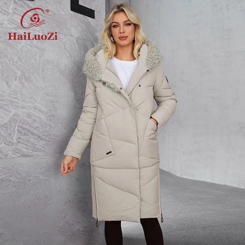 Hailuozi 2024 New Winter Women's winter jacket with large pocket hooded sheepskin classic fashion women's coat 51