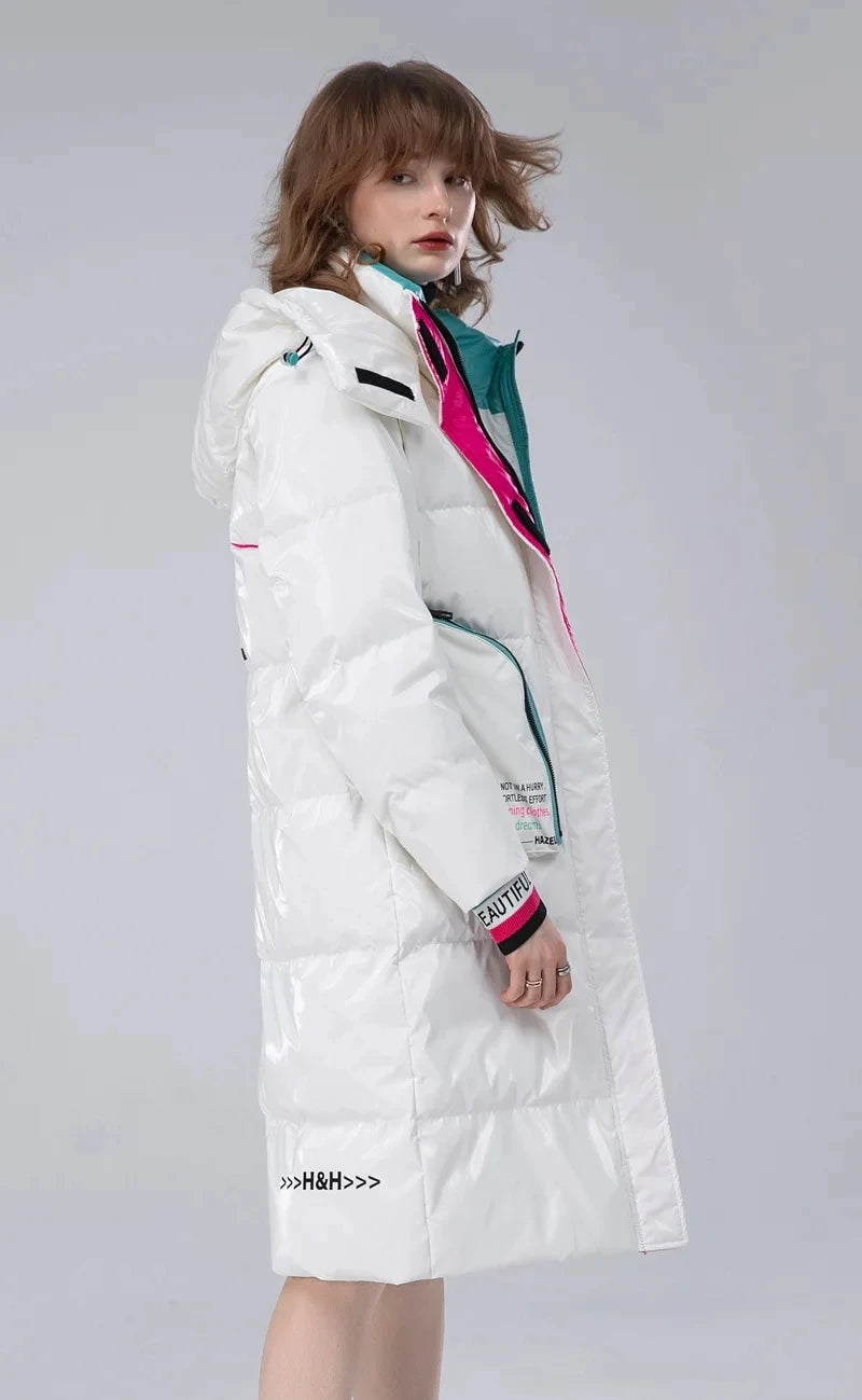 Winter Long Glossy Waterproof Hooded Down Jacket Female Warm Parka Down Outwears Women White Duck Down Knee Length Down Jacket