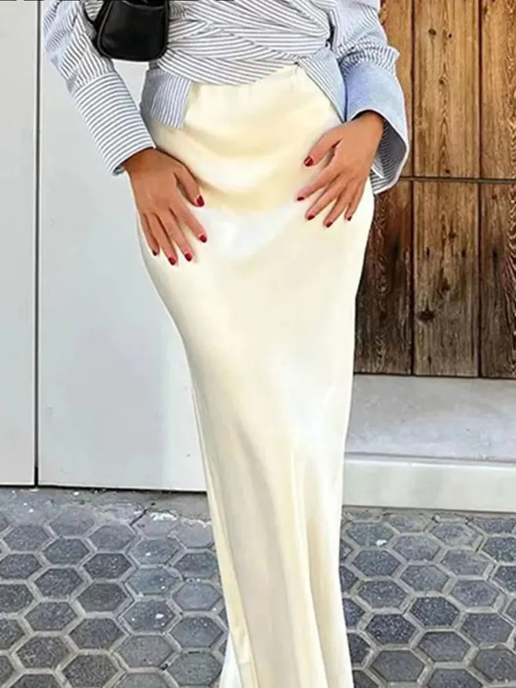 HH 2024 Y2K Casual Women Long Skirt Spring Elastic High Waisted A-Line Casual Female Satin Skirts High Street Lady Skirts