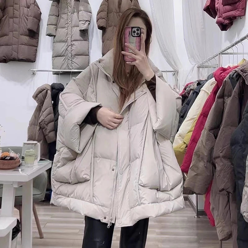 Winter Solid Stand Collar Loose Down Jacket Women White Duck Down Big Pocket Down Jacket Female Chic Warm Zipper Parker Outwears
