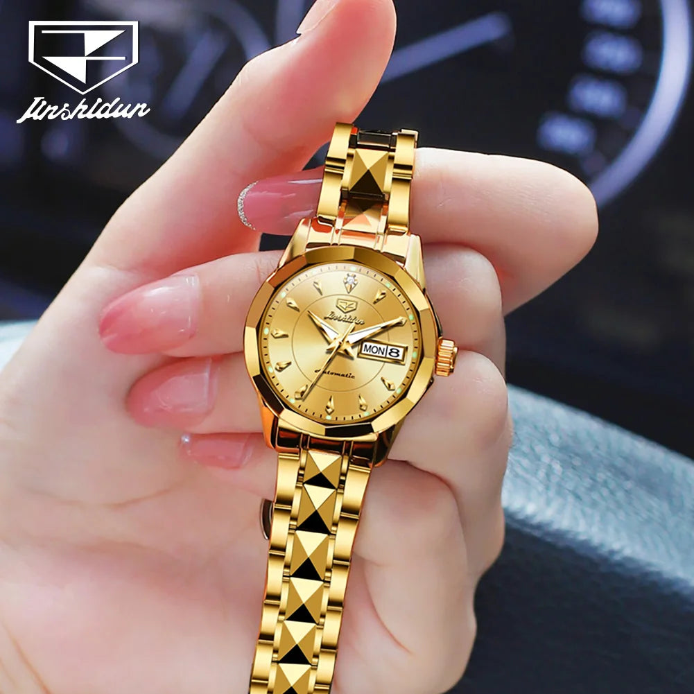 JSDUN Mechanical Watch for Women Luxury Tungsten Steel Strap Dual Calendar Waterproof Luminous Elegant Women's Automatic Watches