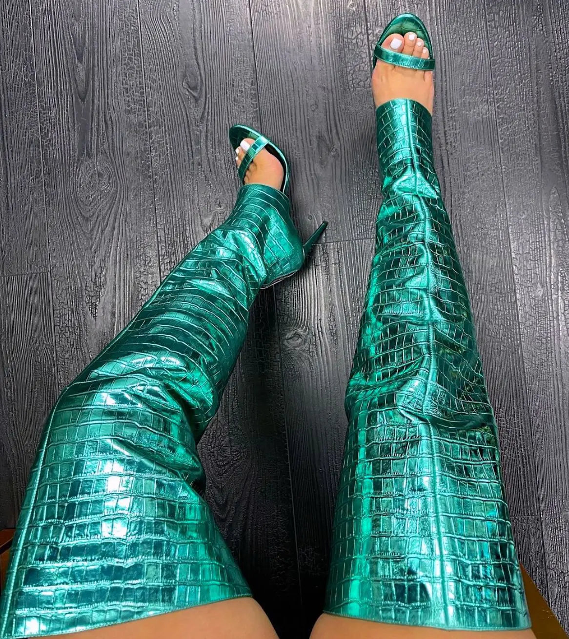 Summer Open Toe Snakeskin Leather Over the Knee Sandal Boots Sexy Cutouts Thigh High Boots