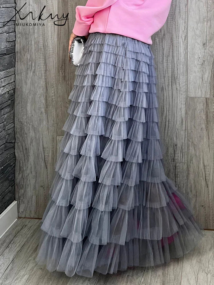 MiuKoMiYa Elegant Black Long Tulle Skirts Women Puffy Pink Maxi Mesh Skirt Long High Waist Pink Tulle Skirt Vintage For Women
