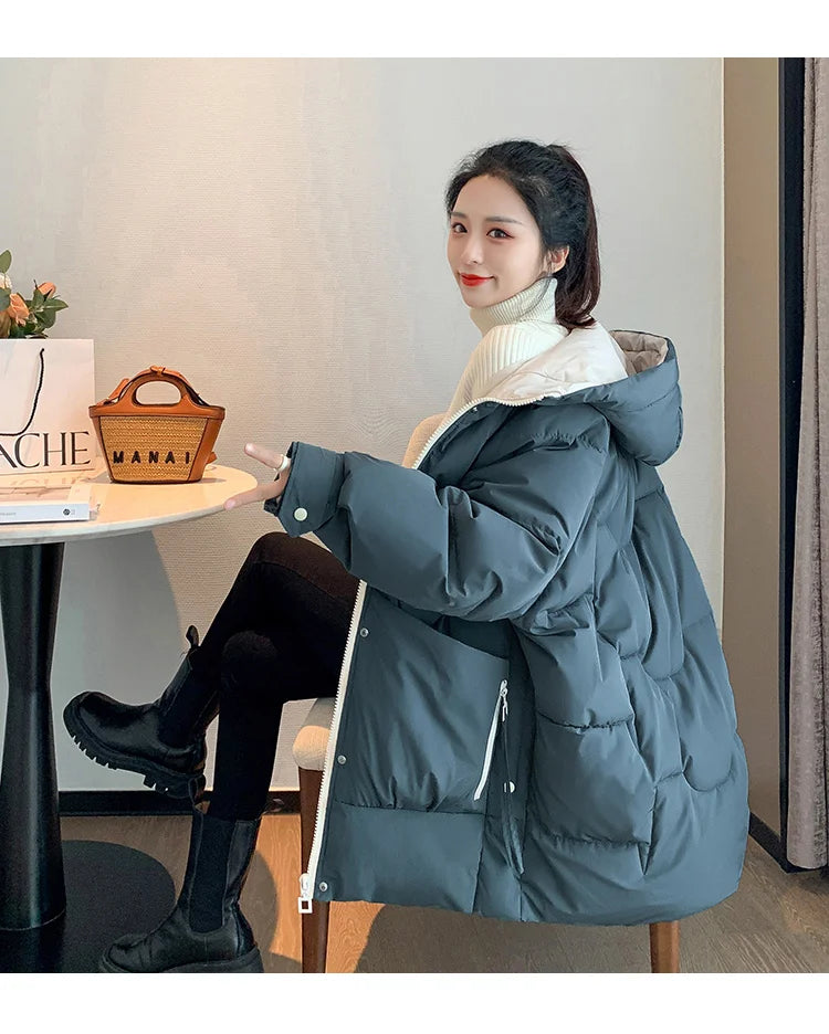 Winter women Solid Cotton Coat Removable Collar Pockets Decoration Warm Windbreak Loose Thick Casual Ladies Jacket High Quality