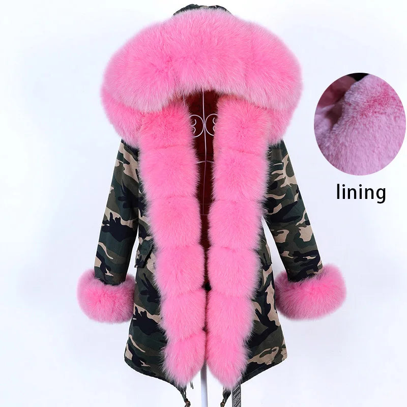 Maomaokong Winter Women Luxur Beige Fur Coat Natural Real Fox Fur Waterproof Jacket Hooded Thick Warm Fashion Long Black Parkas