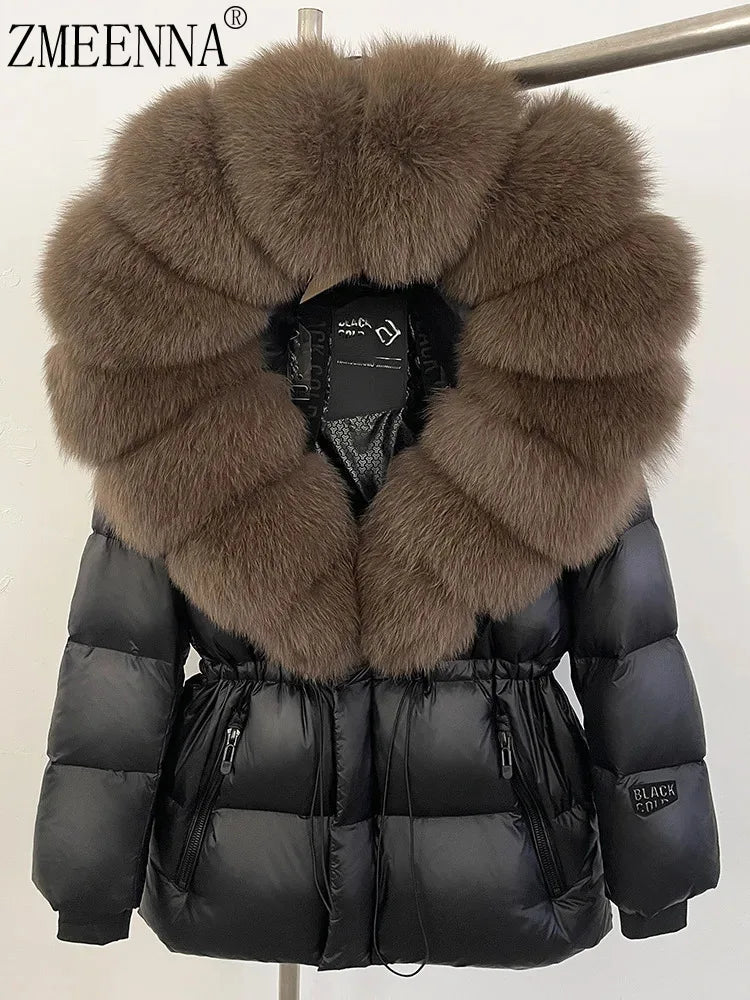 ZMEENNA Women's Black Puffer Down Jacket With Oversized Real Fur Hood Winter Warm Coat Luxurious Quilted Outerwear ZM3375