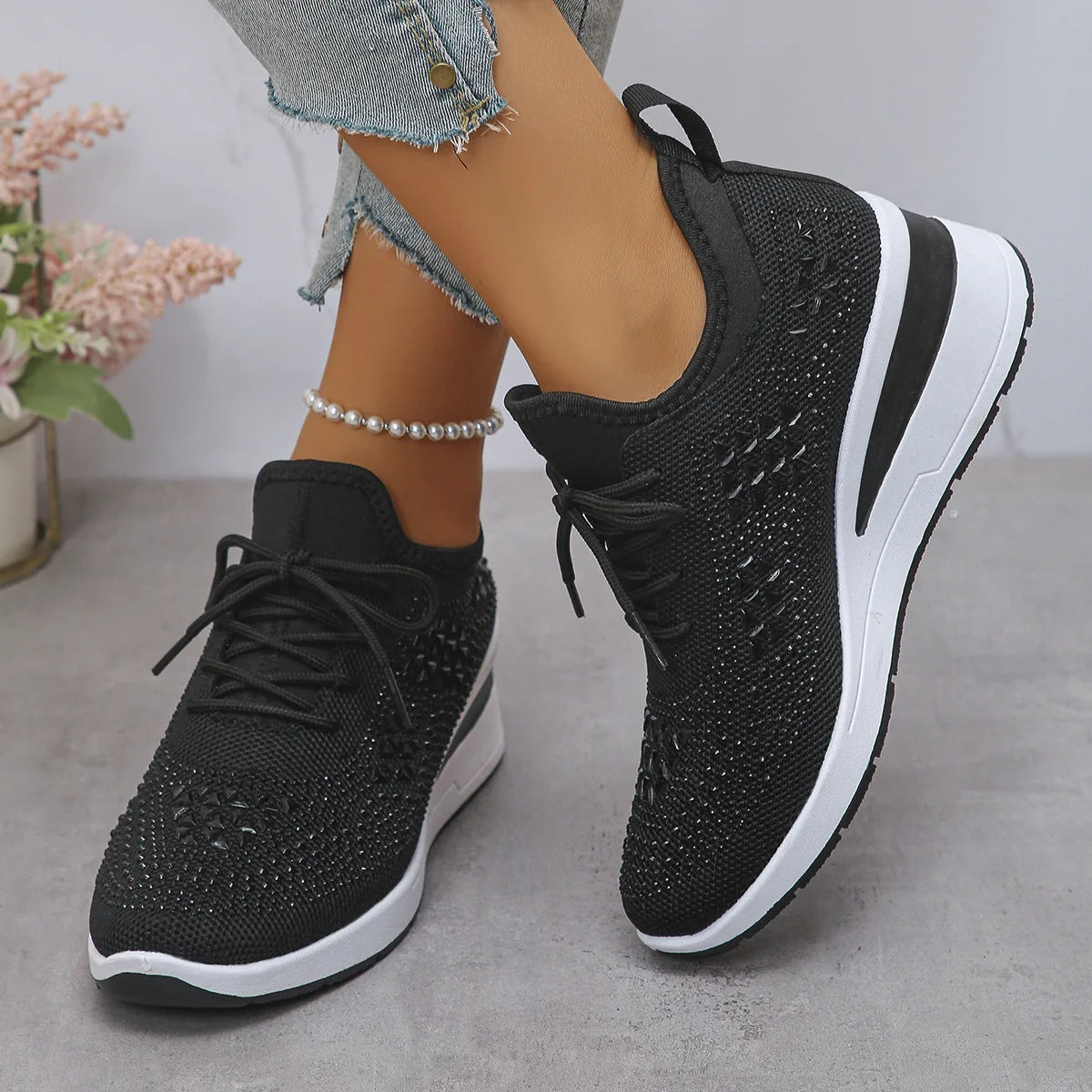 Women's Sneakers Shiny Rhinestone Wedge  Breathable Knit Non Slip Walking Shoes Woman Plus Size Fashion Thick Sole White Sneaker