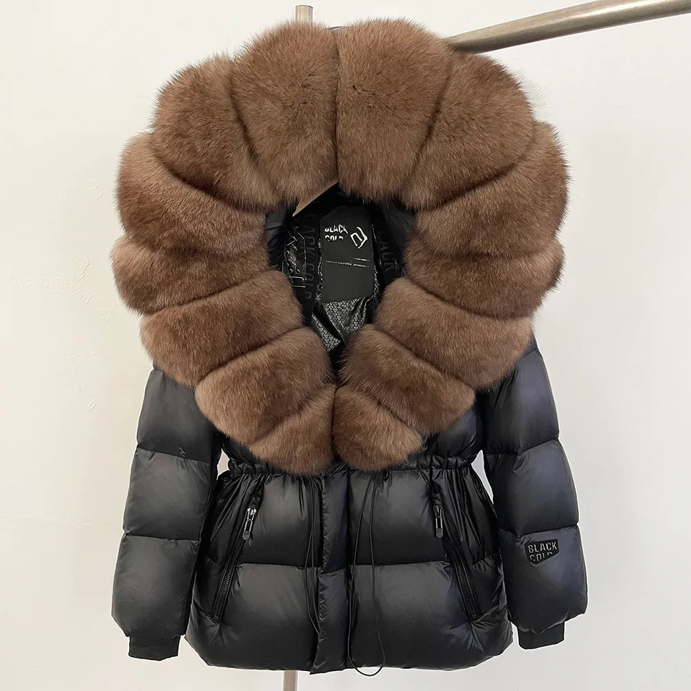 ZMEENNA Women's Black Puffer Down Jacket With Oversized Real Fur Hood Winter Warm Coat Luxurious Quilted Outerwear ZM3375