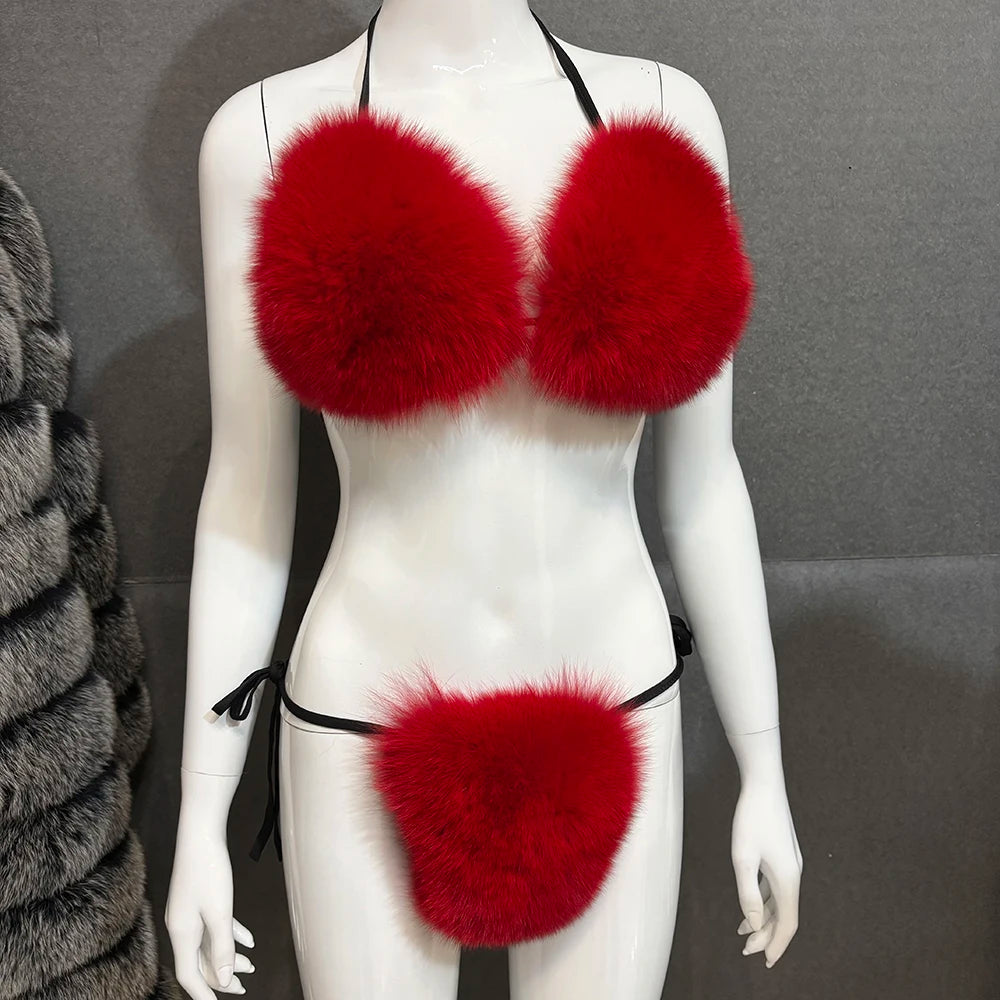 YOLOAgain Women Solid Natural Fox Fur Sexy Bikini Set Bra Detachable