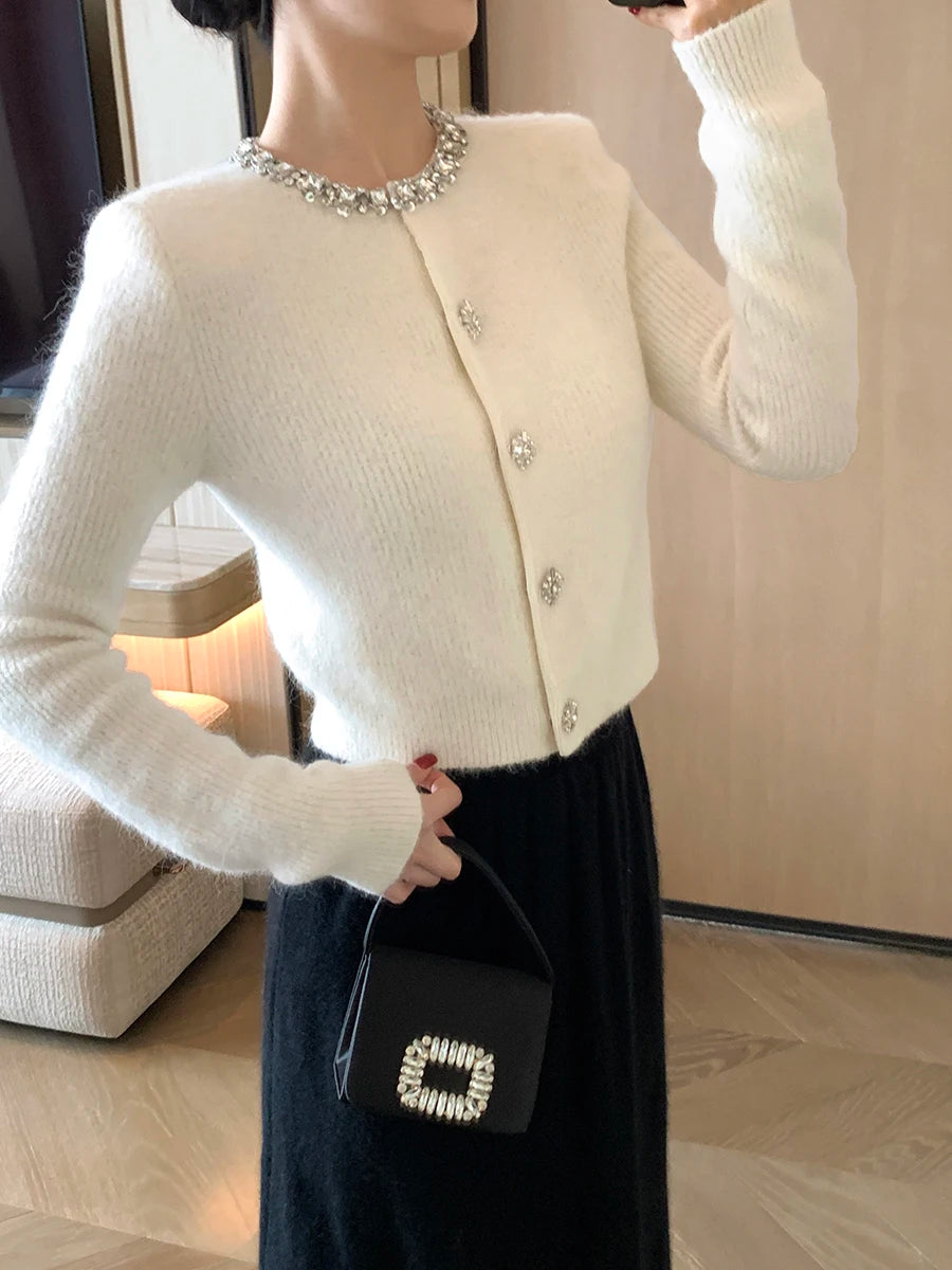 High-End Autumn Knitted Top Diamond Decorated Collar Anti-Aging Versatile Ele Sle Long Sve Round Ne Sweater Coat