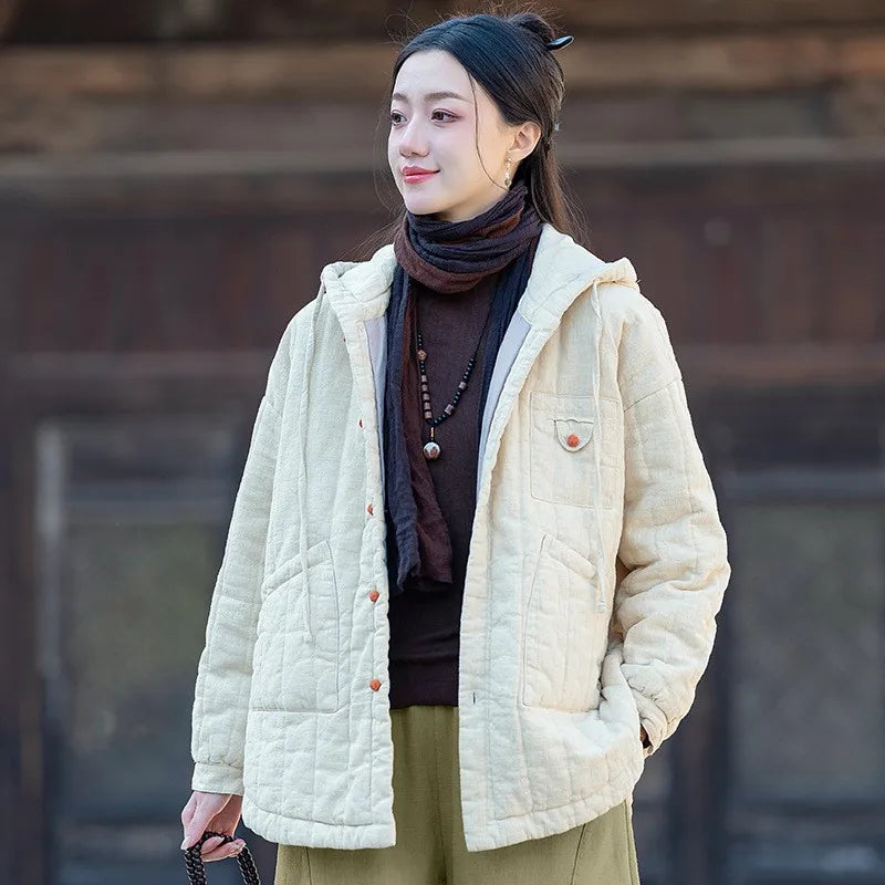 Johnature Women Hooded Ramie Cotton Parkas Solid Color Button Coats 2025 Winter Chinese Style Warm Plus Cotton Pockets Parkas