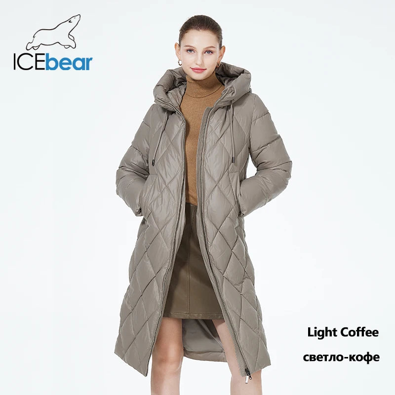 ICEbear-Women's Diamond Quilted Jacket, Lengthened Style, Padded Parka, Warm Cotton Coat, Lengthened, Winter, 2023, GWD22631D