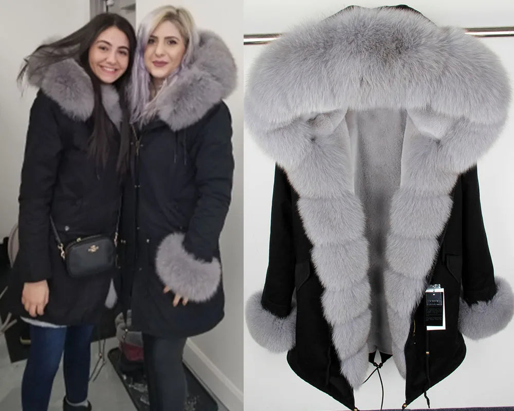 2025 Women's jacket Natural Real Fox fur Jacket Hooded black Woman parkas Winter warm Coat Parkas