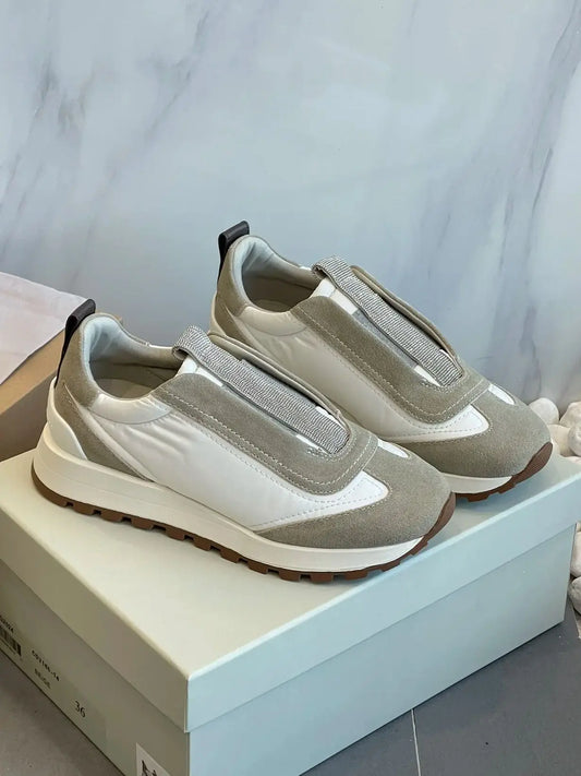 Women's Vulcanized Shoes Leather Beaded Slip-On Sneakers