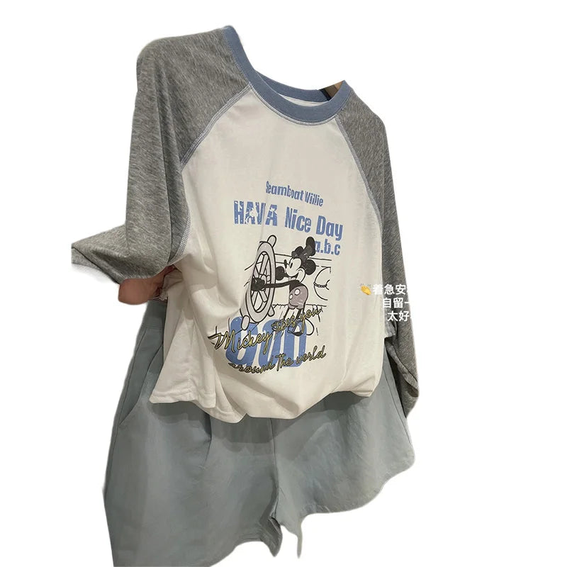 Summer Lightweight Long Sve T-irt Women's Snowflake Cotton Printed Casual Loose Fit round Ne Cartoon Design Top