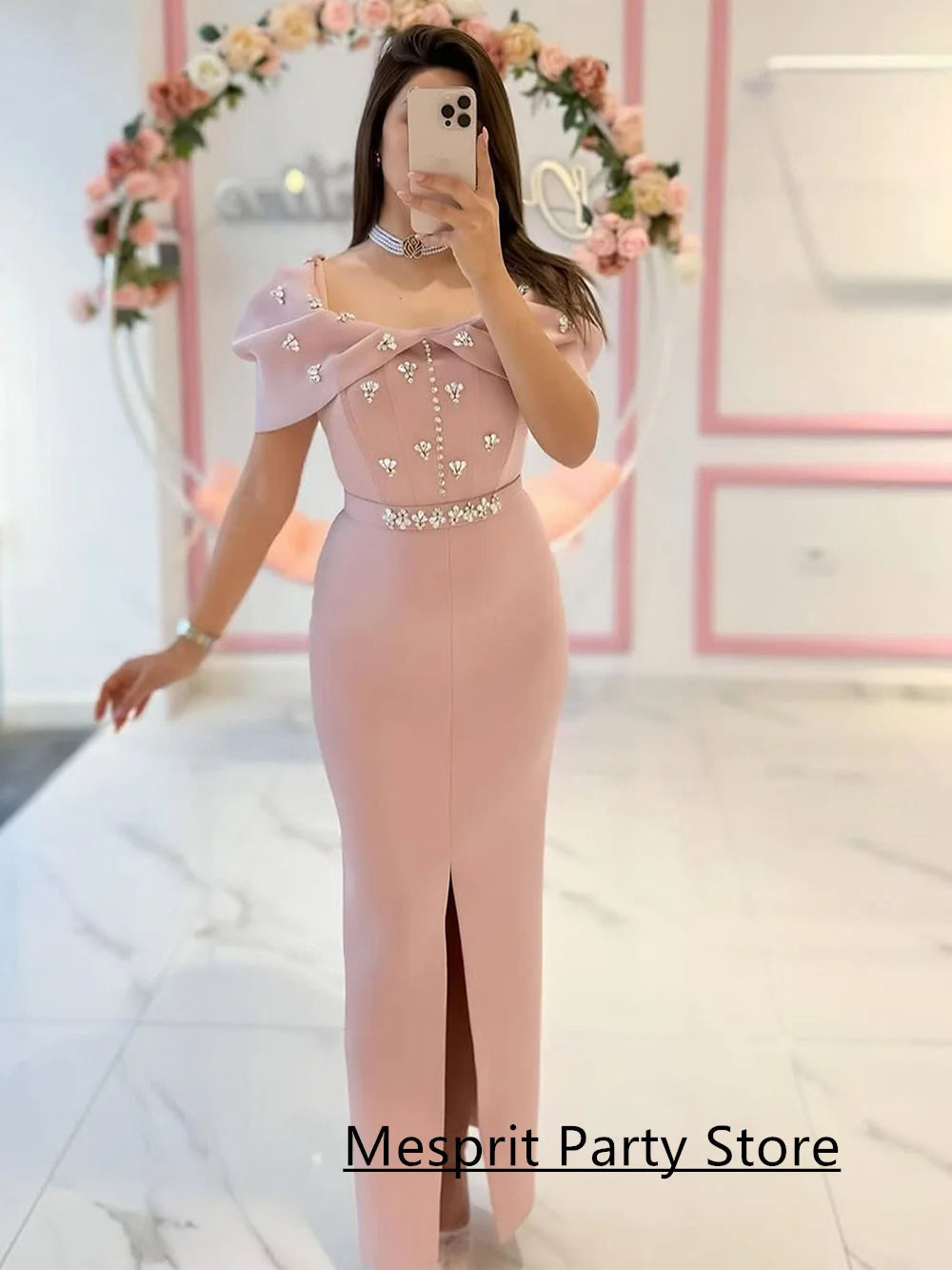 Arabian Evening Dress Crystal Customized Off The Shoulder Front Slit Ankle Length Party Dresses for Dancing Prom Gown