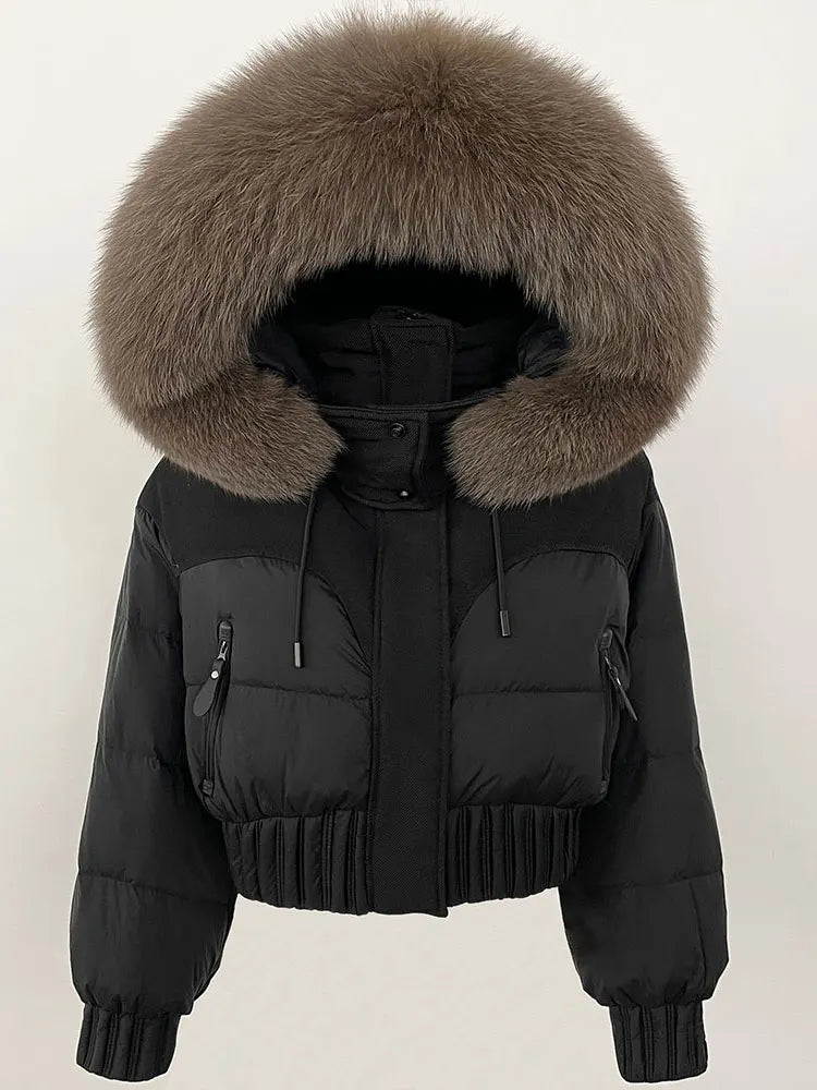CXFS 2025 Winter Jacket Women Short Natural Real Raccoon Fox Fur Collar Hooded White Duck Down Coat Thick Warm Casual Outerwear