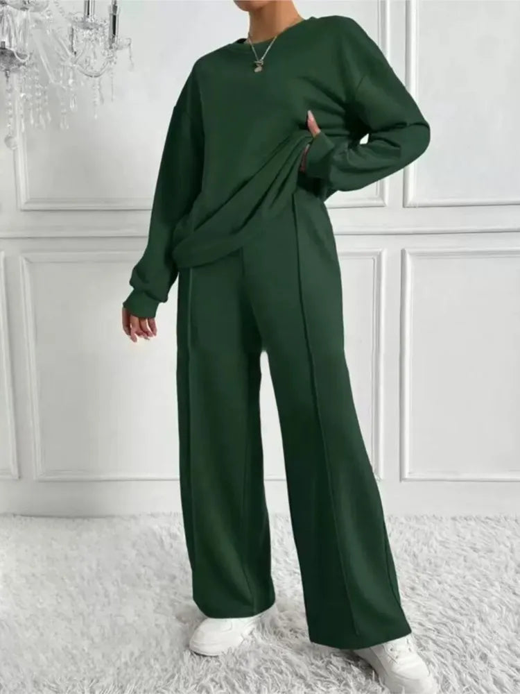 Two-piece Set For Woman Casual O-neck Long Sleeves Sweatshirt Wide-leg Pants Suits Autumn Winter Ladies Fashion Office Outfit