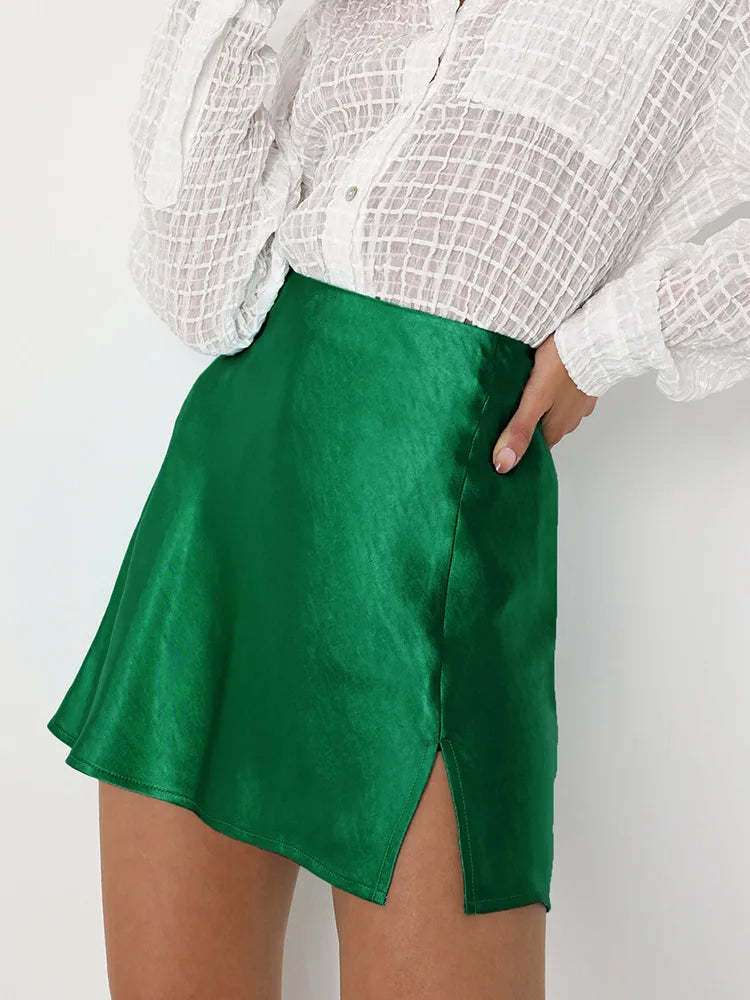 MiuKoMiYa Summer Satin Mini Skirts With Slit For Women A Line Elegant Short Skirt With Slit 2024 Summer Women's Skirts