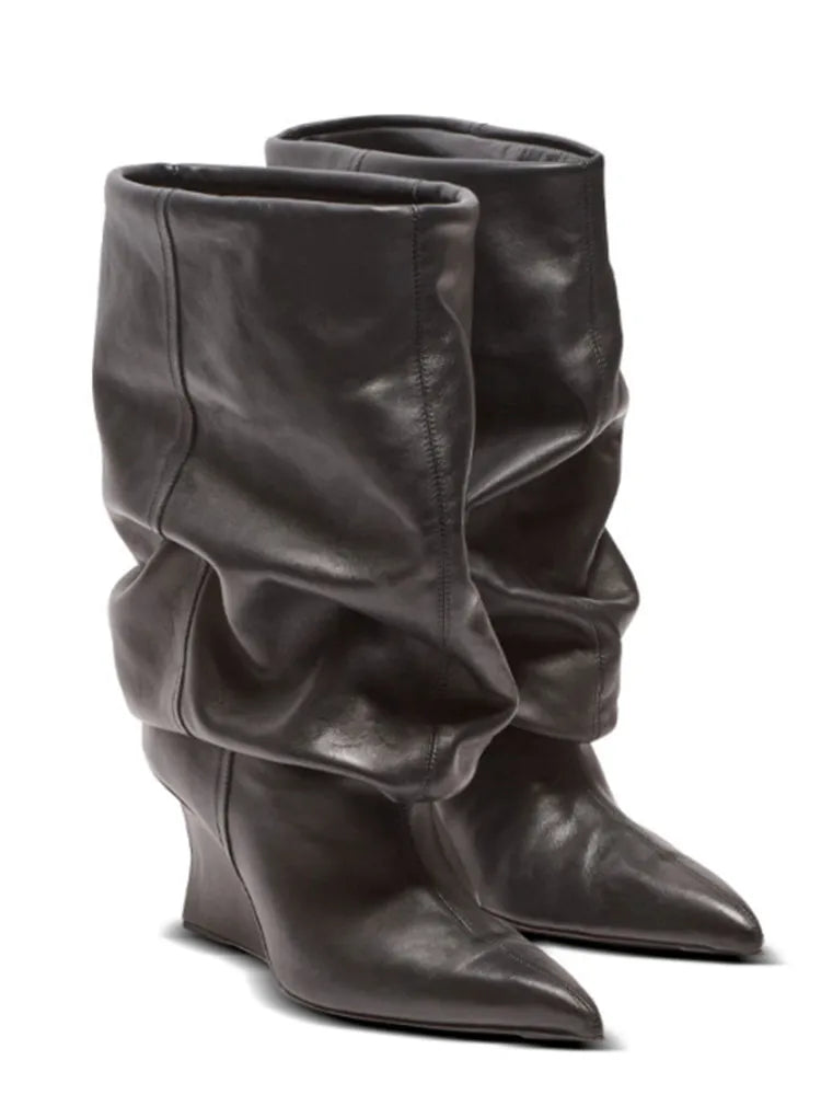 European and American Autumn and Winter Pleated Thick High Heels Knee High Women's Boots Pointed Fashion Party Women's Boots