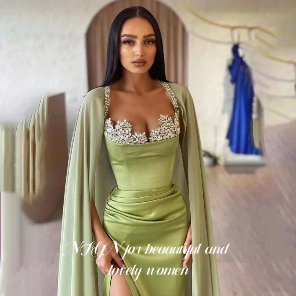 NFYN Green Elegant Party Dresses Satin Sweetheart Rhinestones  Celebrity Dress Satin Side Split Mermaid Evening Dress Customized