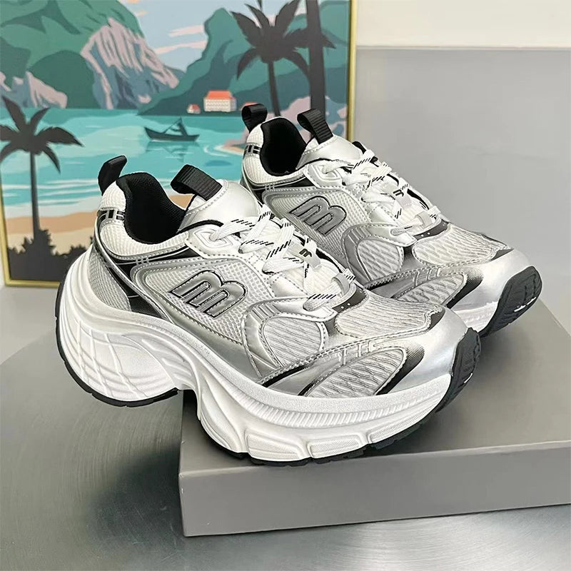 Fashion Contrast Color Design Women's Vulcanized Shoes Brand Design Thick Sole Heightening Sports Shoes Ladies New Sneakers 2025