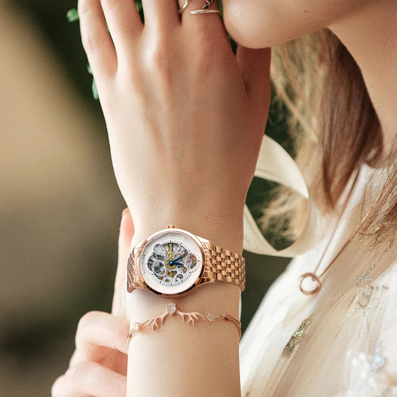 Agelocer Original Infatuated Mirror Watch Women's Luxury Gold Watch Skeleton Automatic Mechanical Watch Birthday Gift for Women