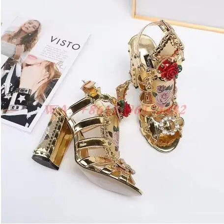 design luxury woman gold Roman diamonds Gladiator sandal boots lady hollow chunky high heel diamonds Gladiator sandal boots