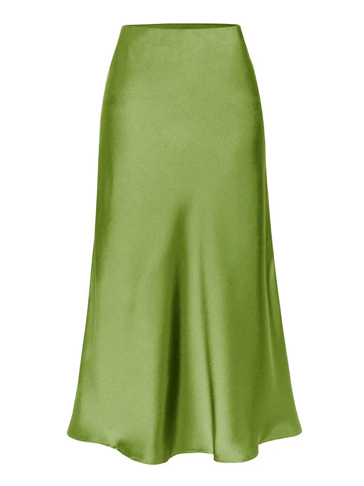 Green Satin Midi Skirts For Women Summer Elastic High Waist A Line Slit Skirt Midi Satin Silk Women Skirt With Slit Summer 2024