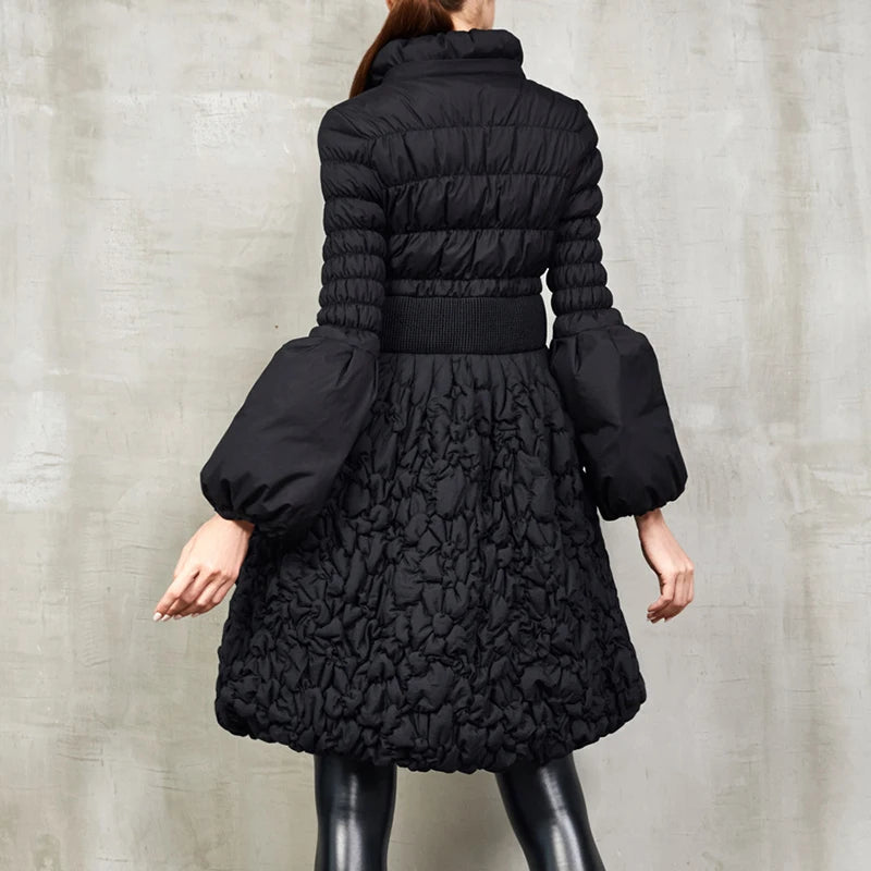 LANMREM Fashion Pleated Design Down Coat For Women Stand Collar Long Sleeves Slim A-line Black Clothing 2025 Winter New 2VV229