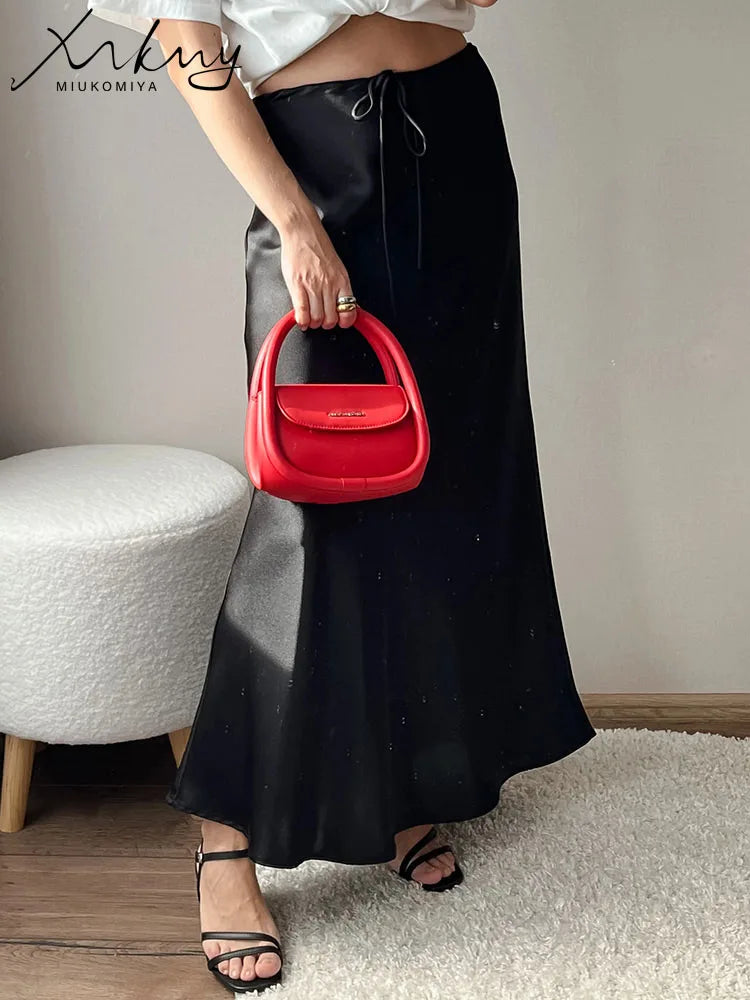 High Waist Long Satin Skirts For Women Spring 2025 Black High Quality Women's Drawstring Gray Satin Long Skirt Mermaid Beige