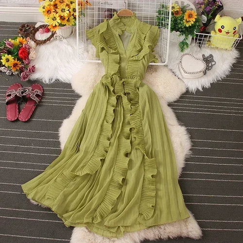 Sweet Ruffles Skinny Dresses Spring Casual Sleeveless V-neck Elastic High Waist Pleated Femme Vestidos Chic Solid Colours Dress