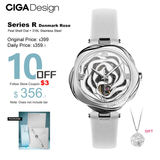 CIGA Design Automatic Watches for Women Denmark Rose Skeleton Mechanical / Japan Quartz Wristwatch Lady Elegant Wrist Timepiece