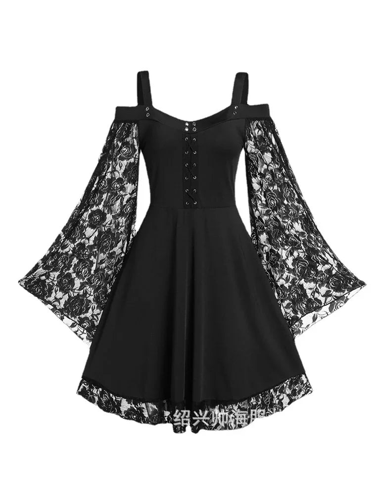 2022 New Gothic One-shoulder Lace Stitching Flared Sleeve Dress Literary Vintage Autumn Grunge Black A-line Dress Punk Partywear