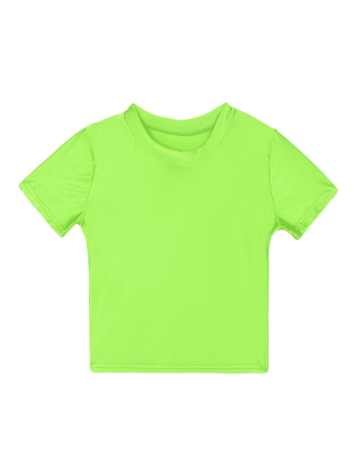 Women Glossy Short Sleeve Crop Tops Solid Round Neck Slim Fit Smooth T-shirt Summer Swimwear Swimsuit Sportswear Beachwear