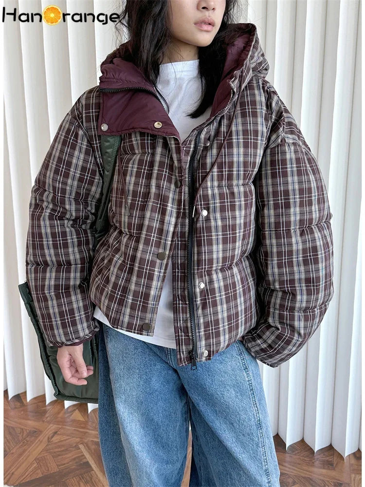 HanOrange 2024 Winter Fashion Retro plaid Hooded Cotton Jacket women Comfortable Warm Loose Women Coat