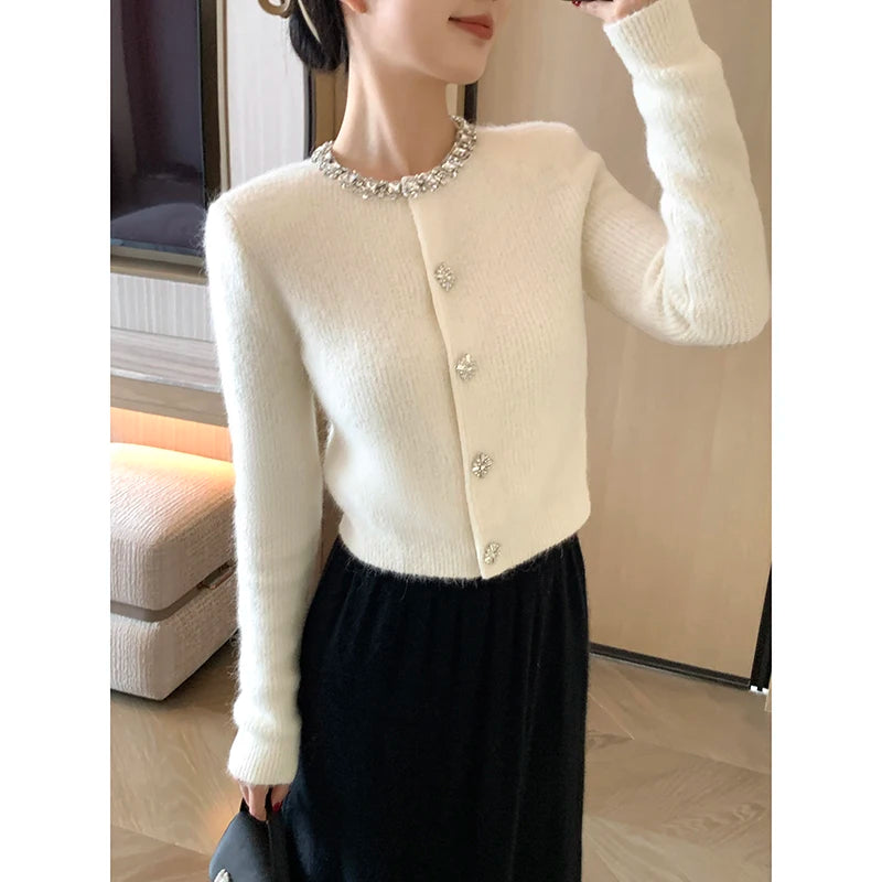 High-End Autumn Knitted Top Diamond Decorated Collar Anti-Aging Versatile Ele Sle Long Sve Round Ne Sweater Coat