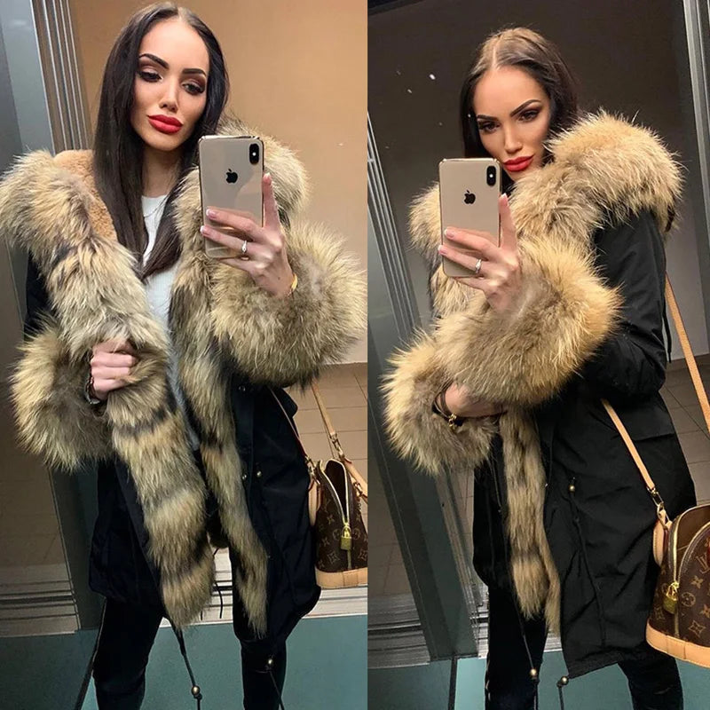MaoMaoKong Natural Real Fox Fur Jacket Hooded Black Waterproof Woman Winter Warm Coat Parkas Luxury Jacket Female Clothing