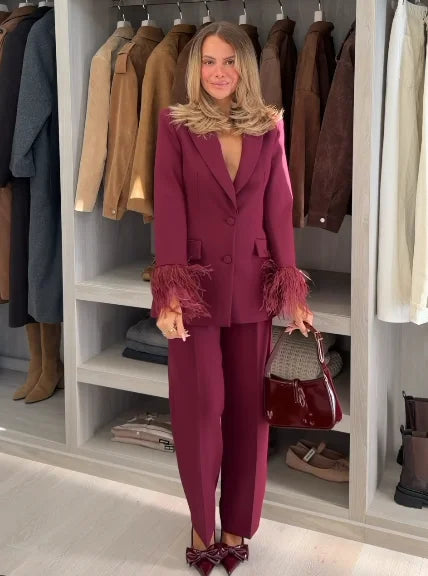 Lady Solid Lapel Blazer Suit Full Sleeve V-neck Single Breasted Straight Leg Pants Suits 2025 Fashion New Office Commute Outfit