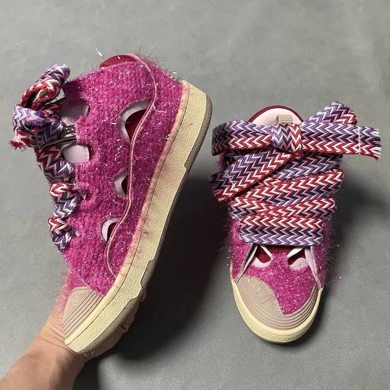 New Designer Slippers Sneakers Flat Shoes Women Luxury Brand Trainer Lace Up Men Top Quality Thick Laces Skateboard Shoes Unisex