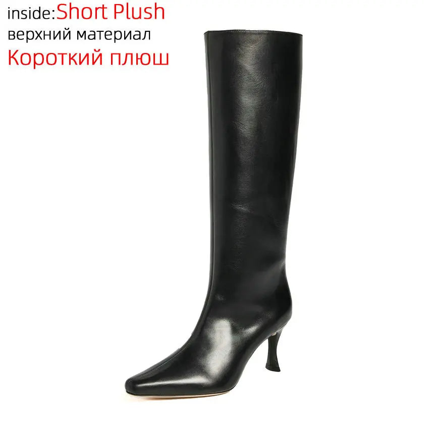 QUTAA 2024  Genuine Leather Pointed Toe Women Knee High Heels Boots Woman Autumn Winter Shoes New Lady Long Boots Size 34-43