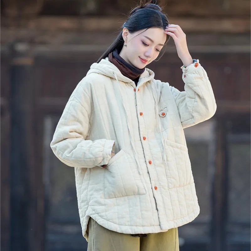 Johnature Women Hooded Ramie Cotton Parkas Solid Color Button Coats 2025 Winter Chinese Style Warm Plus Cotton Pockets Parkas