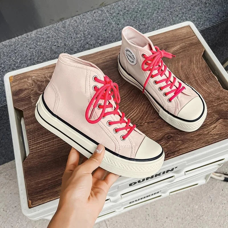 High-Top Round-Toe Low-Profile Canvas Shoes Women's Spring Summer New Style Breathable Thin-Material Flat Heel Board Shoes