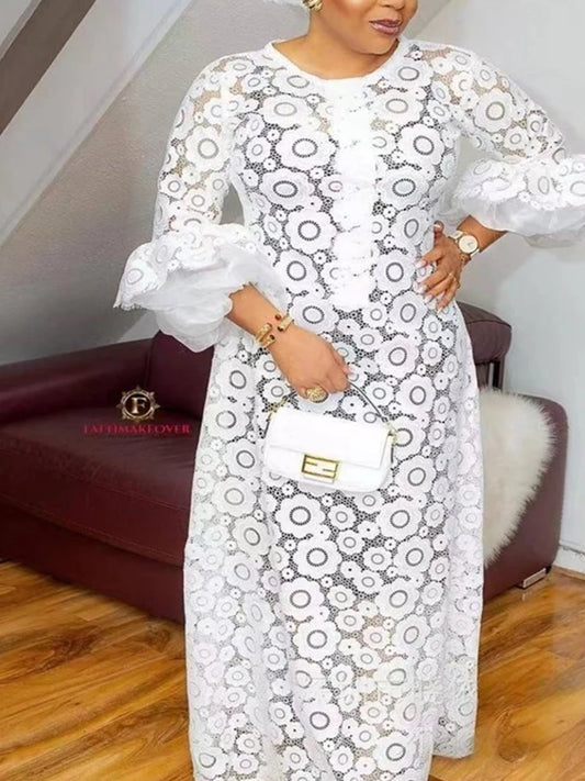 Elegant Long Straight Dress for Women Summer Plus Size Dress with Butterfly Sleeves Transparent Laced White Long Vintage Dress