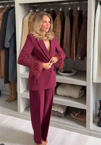 Lady Solid Lapel Blazer Suit Full Sleeve V-neck Single Breasted Straight Leg Pants Suits 2025 Fashion New Office Commute Outfit