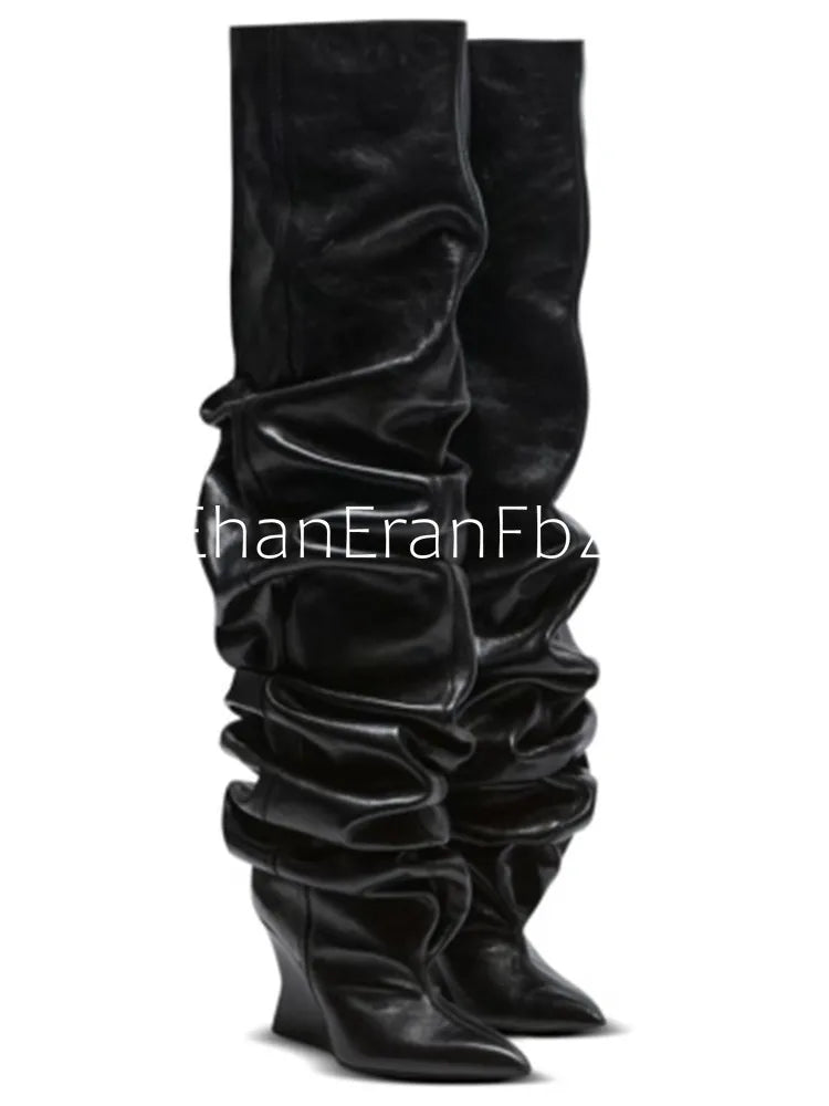 European and American Autumn and Winter Pleated Thick High Heels Knee High Women's Boots Pointed Fashion Party Women's Boots