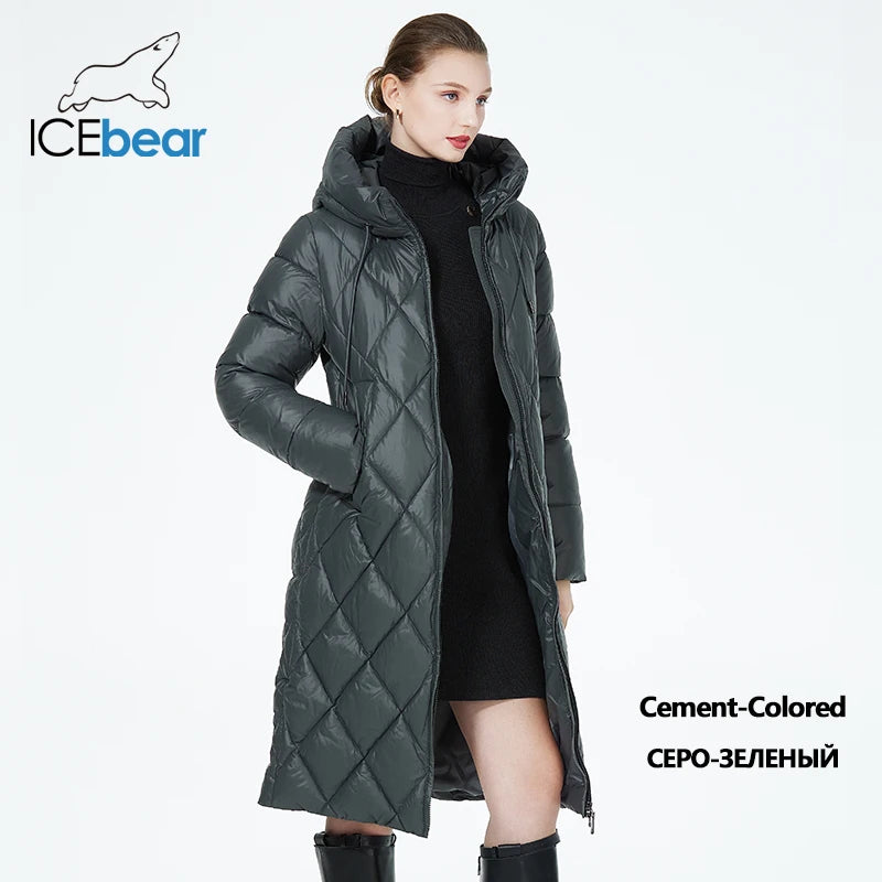ICEbear-Women's Diamond Quilted Jacket, Lengthened Style, Padded Parka, Warm Cotton Coat, Lengthened, Winter, 2023, GWD22631D