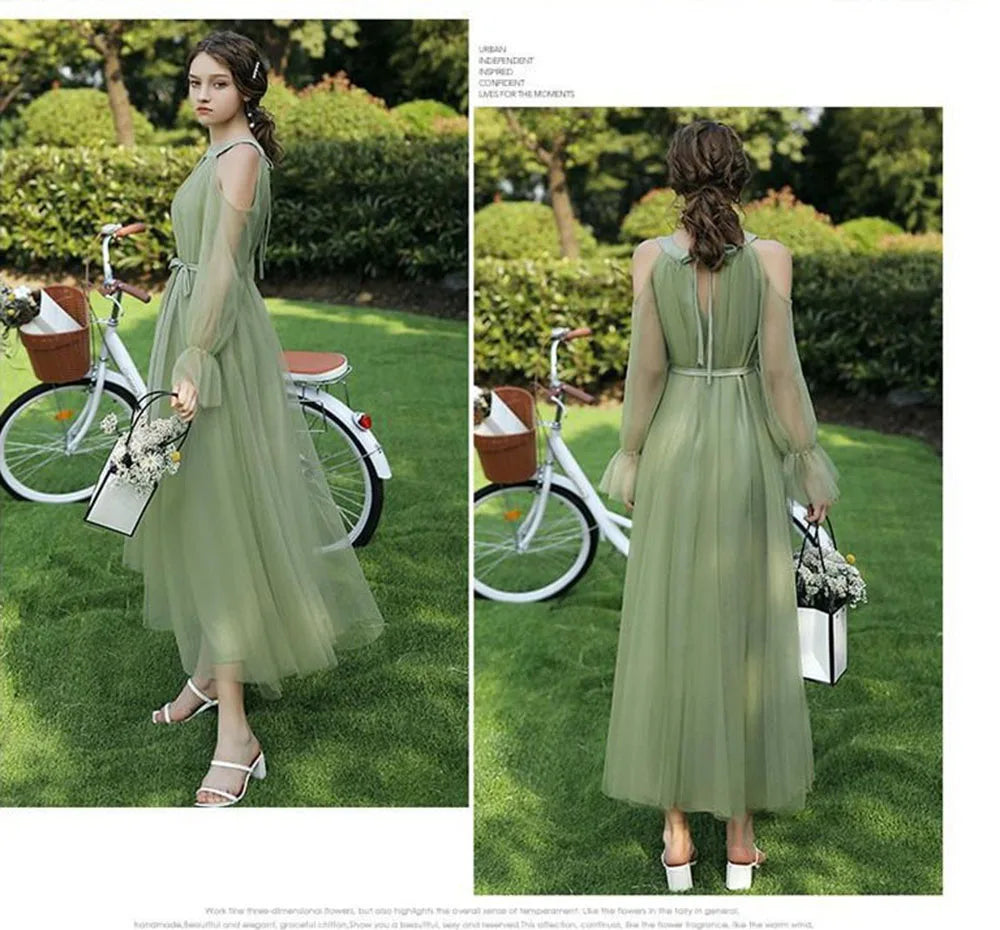 Elegant 4 Styles Green Tulle Bridesmaid Dress Floor Length Off Shoulder A-Line Gown Simple Solid Wedding Party Guest Vestido