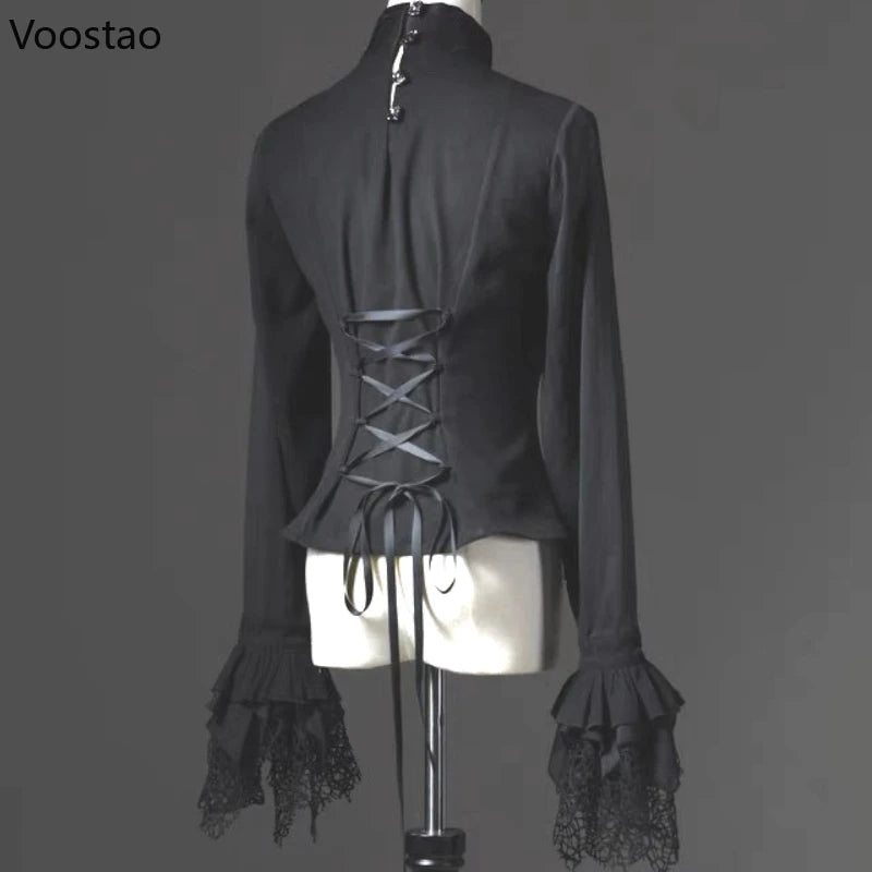 Gothic Y2k Dark Lolita Shirts Women Vintage V-Neck Long Sleeve Blouses Couple Halloween Victorian Retro Slim Clothes Tops Unisex