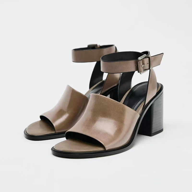 Fashion Genuine Leather Women Sandals 2025 Summer New Shoes Open Toe Rome Style High Heels Fashion Buckle Gladiator Shoes Woman